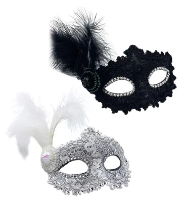 2er-Set venezianische Masken mit Federn, schwarz-weiß