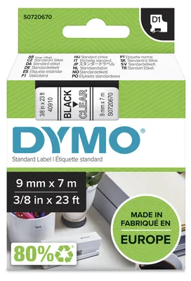 Immagine prodotto di DYMO D1 - Autoadesivo - Nero su trasparente - Rotolo (0,9 cm x 7 m) 1 rotolo(i) di nastro di etichette - per LabelMANAGER 100, 160, 210, 220, 260, 280, 300, 360, 420, Wireless PnP; LabelPOINT 250