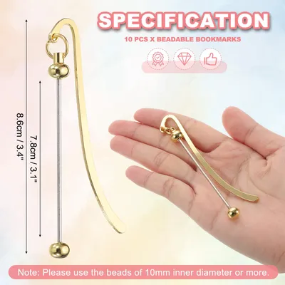 Produktbild von Beadable Lesezeichen Personalisiert Bookmark, 10 Stš¹ck Lesezeichen Papier DIY Metall Leerstab Gro?packung fš¹r Herstellung Handwerk, Perlenanh?nger Charme, Gold