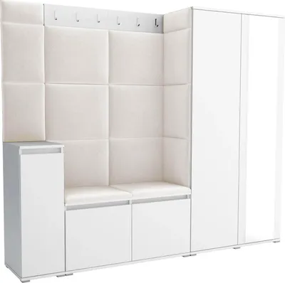 Produktbild von Garderoben-Set Noris VIII mit Spiegel, gepolsterte Garderobe 145 cm mit Schuhkommode, Wandpaneelen und Sitzbank (Farbe: Weiß + Trinity 01)