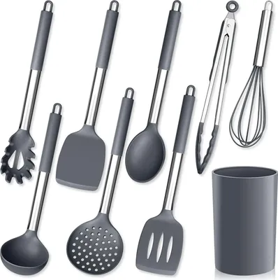 Produktbild von Küchenhelfer-Set 9-teilig Silikon-Kochgeschirr grau hitzebeständig
