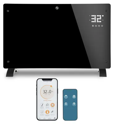 Zdjęcie produktu dla Grzejnik elektryczny ISOISL, 2500W, czarny, z panelem szklanym, sterowanie Wi-Fi przez aplikację, termostat 5–50°C, timer 24h, grzejnik ścienny i stojący na kółkach