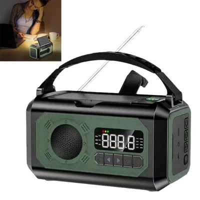 A collage showing a portable radio and a person using it as a light source while studying.