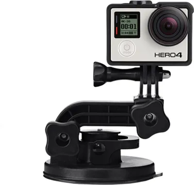 A GoPro HERO4 camera is mounted on a black suction cup mount.