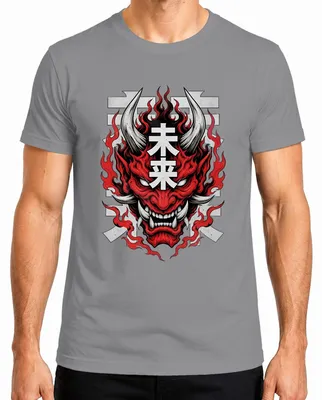 Obrázok produktu pre Tričko s motívom masky Hannya, japonského démona, s japonskými znakmi, štýl Y2K, streetwear, Ázia, pánske, sivé, veľkosť M