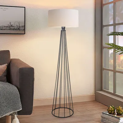 Image de Opviq, lampadaire industriel 100 % métal, couleur crème, hauteur 155 cm, douille E27 (max. 40 W), abat-jour en tissu (21 x 38 cm) | Un design élégant pour les intérieurs modernes.