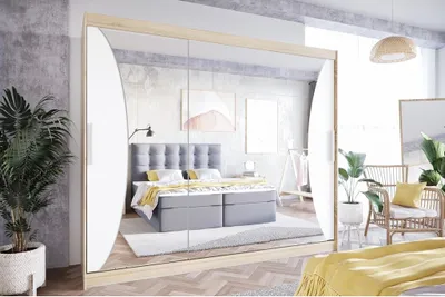 Produktbild von Easy4You LIV 250 cm Sonoma/Weiß Schiebetüren Kleiderschrank 250x215x58 cm mit Spiegel - Schlafzimmermöbel, Aufbewahrung - Mehrzweckschrank