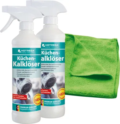 Produktbild von HOTREGA Küchen Kalklöser 2x 500 ml inkl. Microfasertuch Micro Top, Kalkreiniger, Kalkentferner, Rostlöser, Küchenreinger