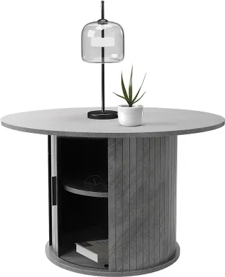 Produktbild von Couchtisch mit Schiebetür, 80x80x50 cm, Beton-Optik, Grau, Runder Wohnzimmertisch mit Stauraum, Beistelltisch ideal für Wohnzimmer, Kaffeetisch im modernen Stil, Sofatisch für Tee und Kaffee