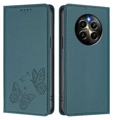 Obrázek produktu pro Kožené pouzdro pro Realme 12 Pro/Realme 12 Pro+, motýlí ražbou, peněženkové flip pouzdro se stojánkem Zelená