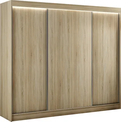 Produktbild von ALTDECOR Kleiderschrank mit furnierten Schiebetüren, kugelgelagerte Führungsschienen und Aluminium-Leisten, LED-Beleuchtung (weiß + 16 Farben) und Fernbedienung 250 cm Sonoma Eiche