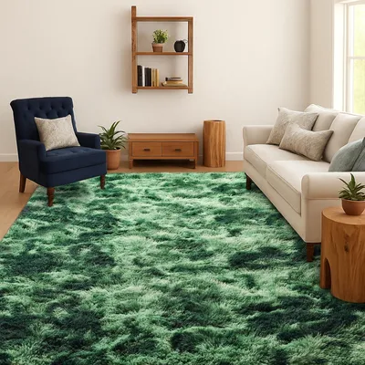 Obrázok produktu pre Koberec s vysokým vlasom 160x230 cm, zelený, prateľný, protišmykový, plyšový, do spálne