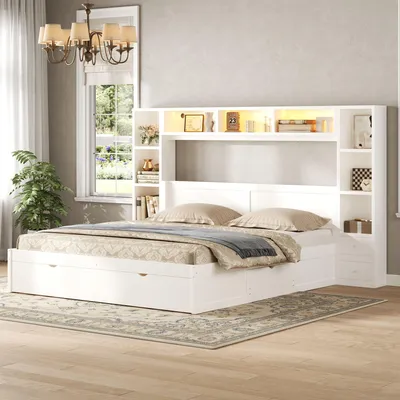 Image de Lit plateforme 140x200 cm, lit en bois avec 7 tiroirs, espace de rangement, éclairage LED, tête de lit avec étagères, structure de lit, blanc