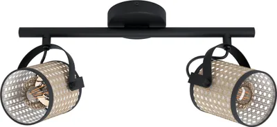 Produktbild von EGLO Deckenlampe Ruscomb, 2 flammige Deckenleuchte Vintage, Retro, Boho, Deckenstrahler, Wohnzimmerlampe in Schwarz, Natur, Küchenlampe, Spots mit E27