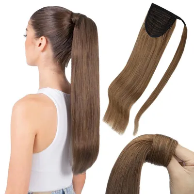Obrázek produktu pro Prodlužovací cop z přírodních vlasů, barva světle hnědá, rovné vlasy, hmotnost 80 gramů, délka 35 cm