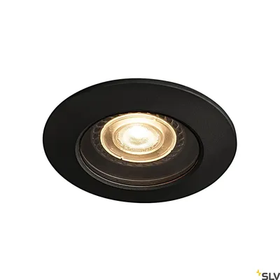 A black recessed ceiling light with a bright LED bulb.