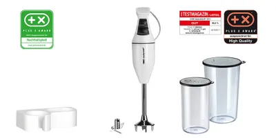 Das ESGE-Zauberstab 901205 Set M100 Design by ESGE Zauberstab umfasst einen weißen Stabmixer mit Auf