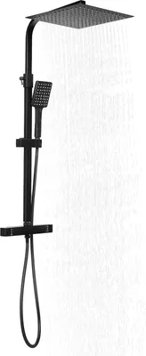 Produktbild von Duschsystem - Duschsäule - Thermostat - Höhenverstellbare Teleskopstange - Regendusche & Handbrause - Quadratischer Duschkopf - Edelstahl - Schwarz