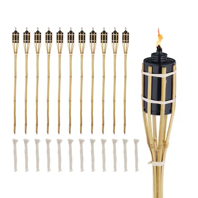 Produktbild von Relaxdays Gartenfackeln für draußen, 12er Set, 90 cm, Bambusfackeln Gartenparty Deko, Ölfackeln mit Ersatzdocht, natur