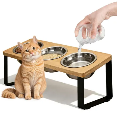 Immagine prodotto di Omgoods - Lettiera per gatti rialzata con tre ciotole in acciaio inossidabile