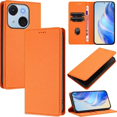 Immagine prodotto di Custodia in pelle per itel A50C, pelle Litschi, custodia a portafoglio con slot per carte e supporto Arancione