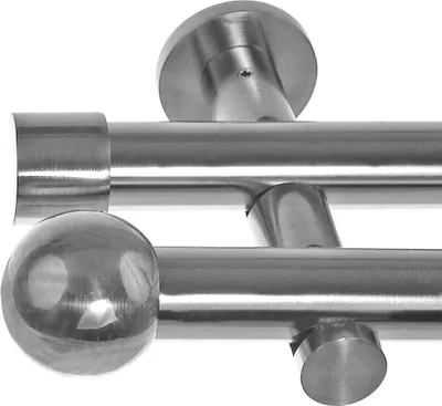 Close-up view of a double curtain rod with wall mounts and decorative finials.