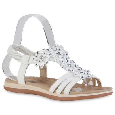 Produktbild von VAN HILL Damen Riemchensandalen Sandalen Spitze Blumen Strass Sommer Schuhe 838482, Farbe: Weiß, Größe: 40
