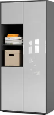Produktbild von SIMPLYFURN Büroschrank Amira T20, Schrank mit zwei offenen Fächern, Anthrazit & Weiß Hochglanz, Push-to-Open, 180x80x40 cm, Aktenschrank für Büro und Homeoffice