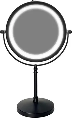 A black makeup mirror with an LED light ring on a black base.