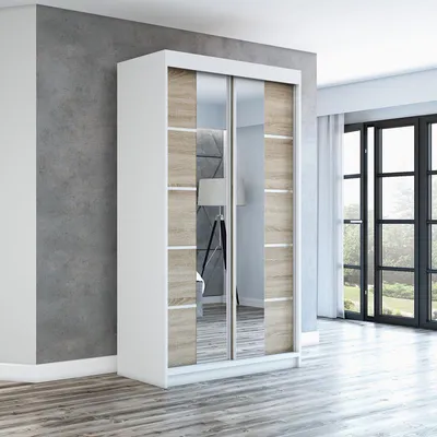 Produktbild von Schwebetürenschrank Kleiderschrank ERA 120 cm Schrank Garderobe Spiegel.Verschiedene Farben (Weiß, Schwarz, Somona). Möbel vom Hersteller!