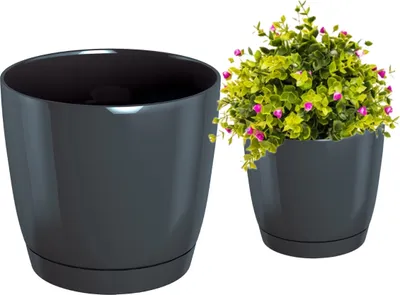 Two dark gray plant pots are shown against a white background. One pot is empty, and the other contains a green plant with small pink flowers.