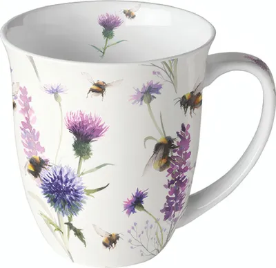 Produktbild von Porzellantasse 400 ml Fine Bone China – Blumen- und Hummelmotiv, spülmaschinengeeignet