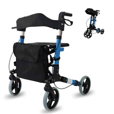 Immagine prodotto di Mobiclinic Deambulatore rollator ausilio regolabile in altezza 4 ruote freno a mano borsa rimovibile sedile e schienale porta bastone blu Trajano