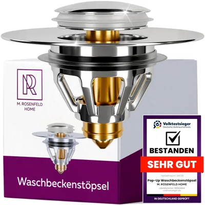 Produktbild von M. ROSENFELD HOME Abflussstopfen Waschbeckenstöpsel mit Sieb - Universal Waschbecken Verschluss Pop Up Abflussstöpsel aus Messing 34-38mm