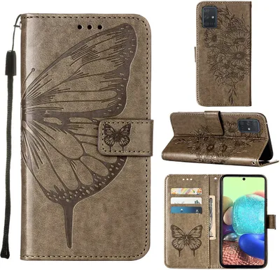 Produktbild von Galaxy A71 5G Hülle, Schmetterling Prägung Flip Leder Kartenfächer Schutzhülle Ledertasche mit Ständer für Samsung Galaxy A71 5G Grau