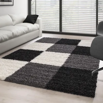 Produktbild von Hochfloriger Teppich mit schwarz-grau-weißen Karos, 30 mm Florhöhe, für Wohn- und Schlafzimmer 200 x 290 cm