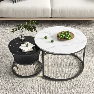 Image de CDGlobal Lot de 2 tables basses Table d'appoint ronde 70 x 45.5 cm & 45 x 40 cm Table de salon Marbre motif table en bois cadre métallique noir