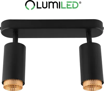 Produktbild von LUMILED Deckenstrahler Deckenspot, 2-flammige Deckenleuchte, 360° dreh- und  90° schwenkbarer Spot , Spotlampe für Decke, 2x GU10 Fassung max.12 W 230V,  Downlight Matt Schwarz mit Gold Farbe