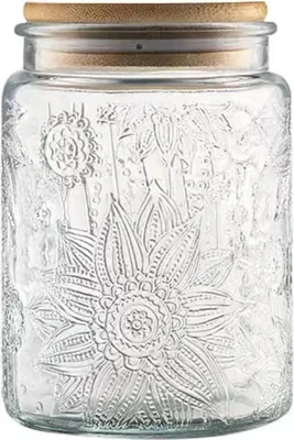 Produktbild von 23,7 fl oz (ca. 700 ml) Vintage-Glasbehälter, luftdicht, mit Bambusdeckel, für Küchenarbeitsplatte, Speisekammer, Kaffee, Tee, Zucker