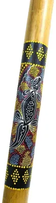 Imagen del producto de Didgeridoo de bambú, instrumento aborigen, pintado y tallado. Diseño: gecko, tortuga, pintura de puntos. Máscara de madera con diseño de gecko, pintada