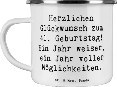 Produktbild von Mr. & Mrs. Panda Teetasse Spruch 41. Geburtstag Weisheit - Weiß - Geschenk, Happy Birthday, Meilenstein, Geburtstagsgeschenk, Haferl, Geburtstagsparty, Emaille Tasse