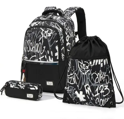 Immagine prodotto di Set di zaini per ragazzi, 3 pezzi, colore nero. Ergonomico, leggero, robusto, formato A4, scomparto per laptop da 15,6 pollici