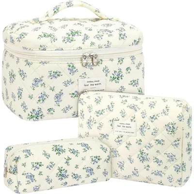 Produktbild von Kosmetiktaschen Set 3-teilig Damen Gesteppt Blumenmuster Kulturtasche Wasserdicht Tragbar
