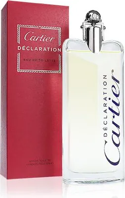 A red box and a bottle of Cartier Declaration Eau de Toilette for men.