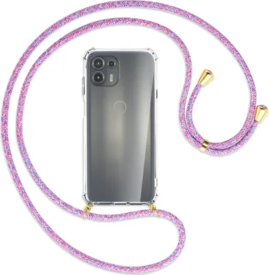 Produktbild von Handykette Backcover-Schutzhülle mit Band (Metall goldfarben) für Motorola Edge 20 Lite (XT2153-1) - lila/rosa/blau