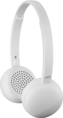 A pair of white JVC headphones shown from a slightly elevated diagonal angle.