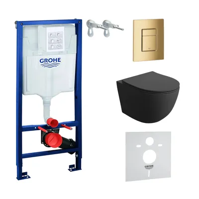 Produktbild von GROHE Vorwandelement Solido + Wand Hänge WC Sinto Schwarz Spülrandlos + WC-Sitz SoftClose | Goldener Knopf | Komplettset | Unterputz Spülkasten | Toilette Komplett Sett