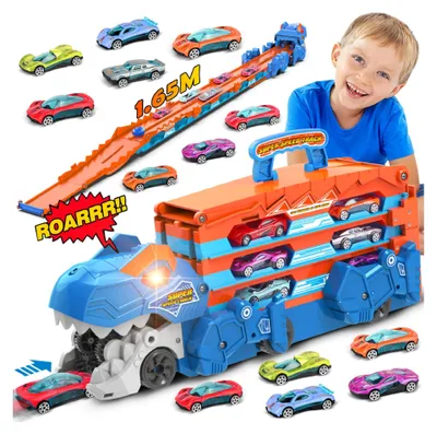 Productafbeelding van Dinosaurus Transportvrachtwagen met 8 Raceauto's en Racebaan