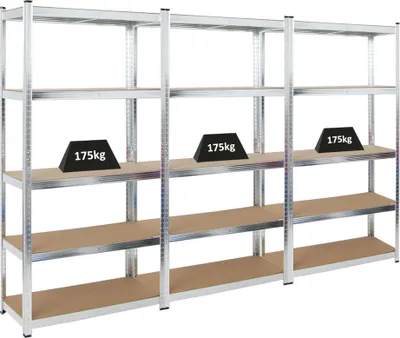 Produktbild von Mega Deal | 3x Schwerlastregal Ragnar | HxBxT 180x90x40cm | 5 MDF-Platten-Ebenen | Fachlast 175kg | Verzinkt