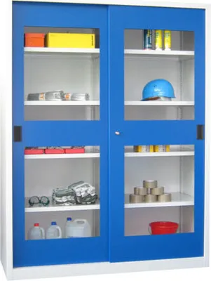 Produktbild von Schiebetürenschrank - Sichtfenstertüren - 1.950x1.500x500 mm (HxBxT) - 4 Böden, gepulvert - Zylinderschloss - anthrazitgrau/tiefschwarz
